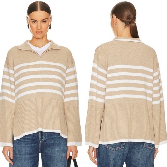 Rails Womens Tessa Beige 1/4 Zip Striped Ribbed Pullover Sweater Top NEW XL - Picture 1 of 12